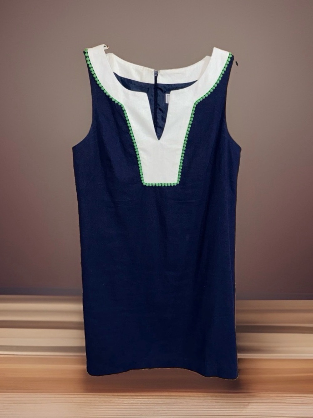 J. Howard Linen Blend Navy Dress with White V-Bib and Green Trim-16-EC